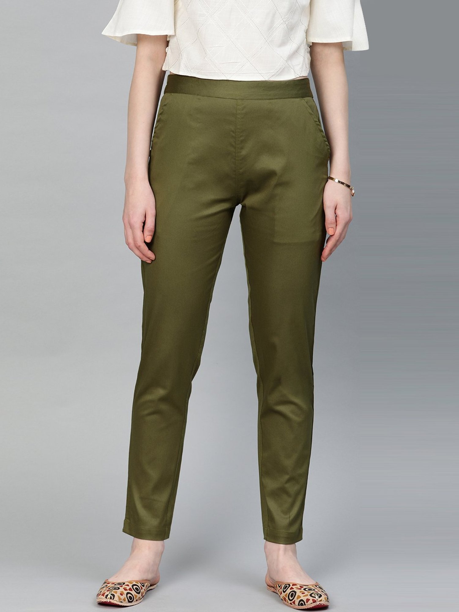 Women Solid Peacock Green Comfort Fit Cotton Pants
