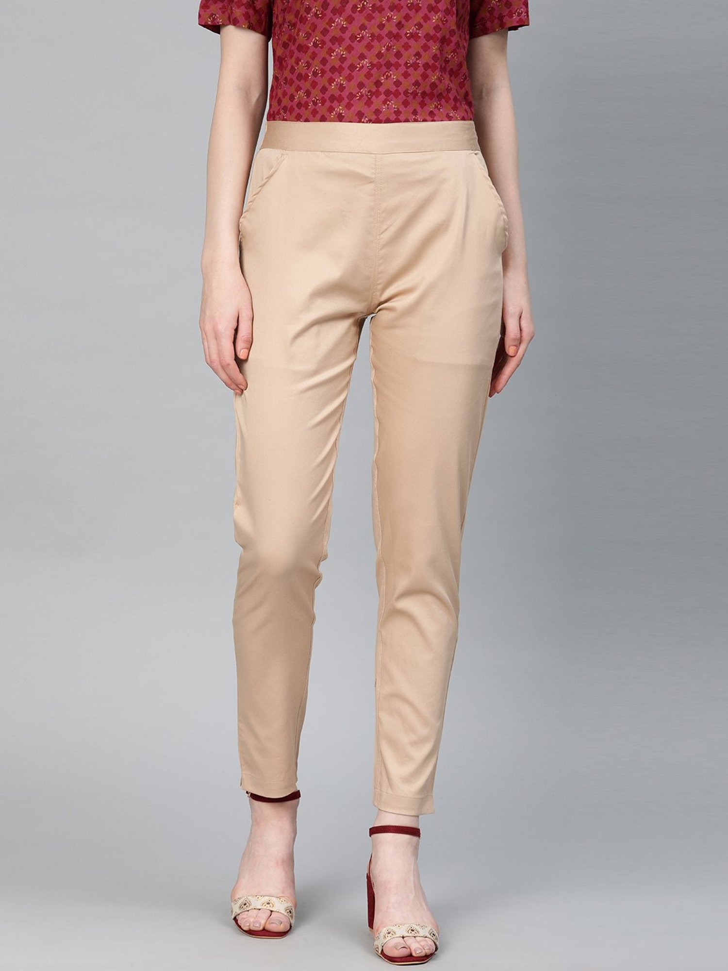 Beige Elasticated Pants With Tie- Up In Front – Anouri