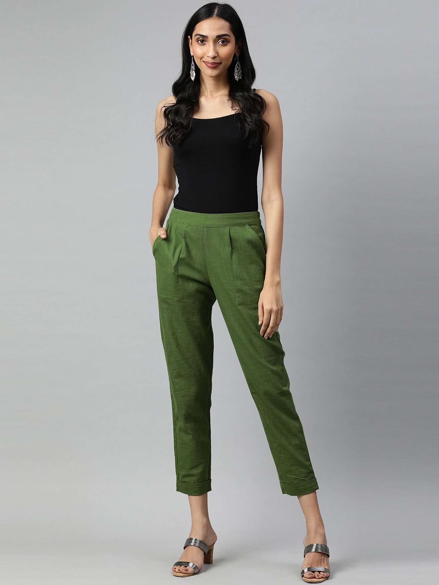 Juniper Green Textured Premium Wool Blend Pant For Women