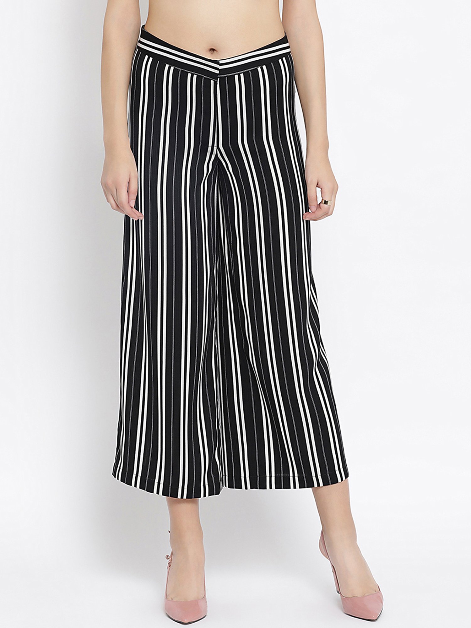white and black striped trousers