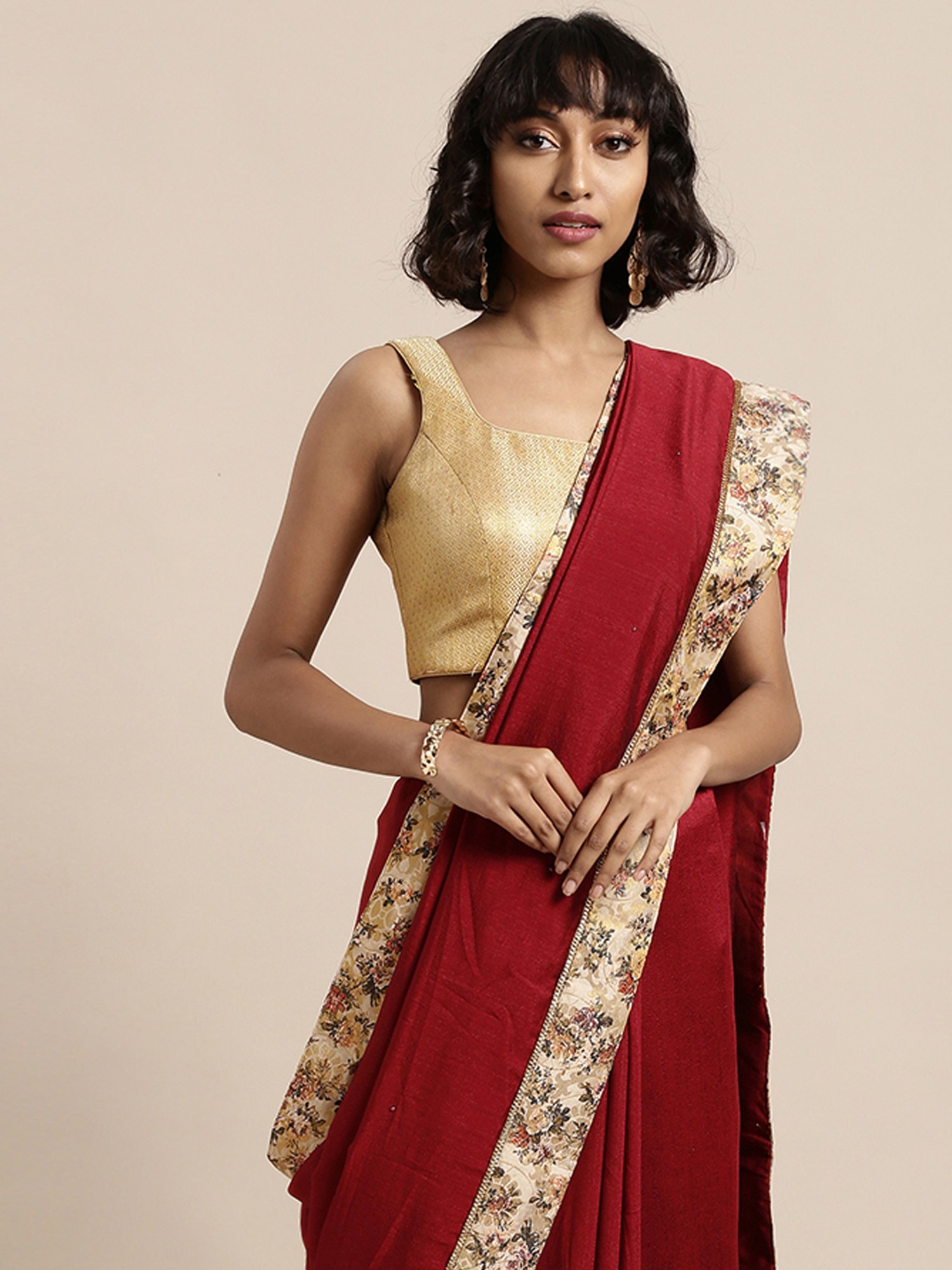 MAROON WITH GREEN - SILK COTTON WITH ALLOVER BUTTA WITH CONTRAST PALLU