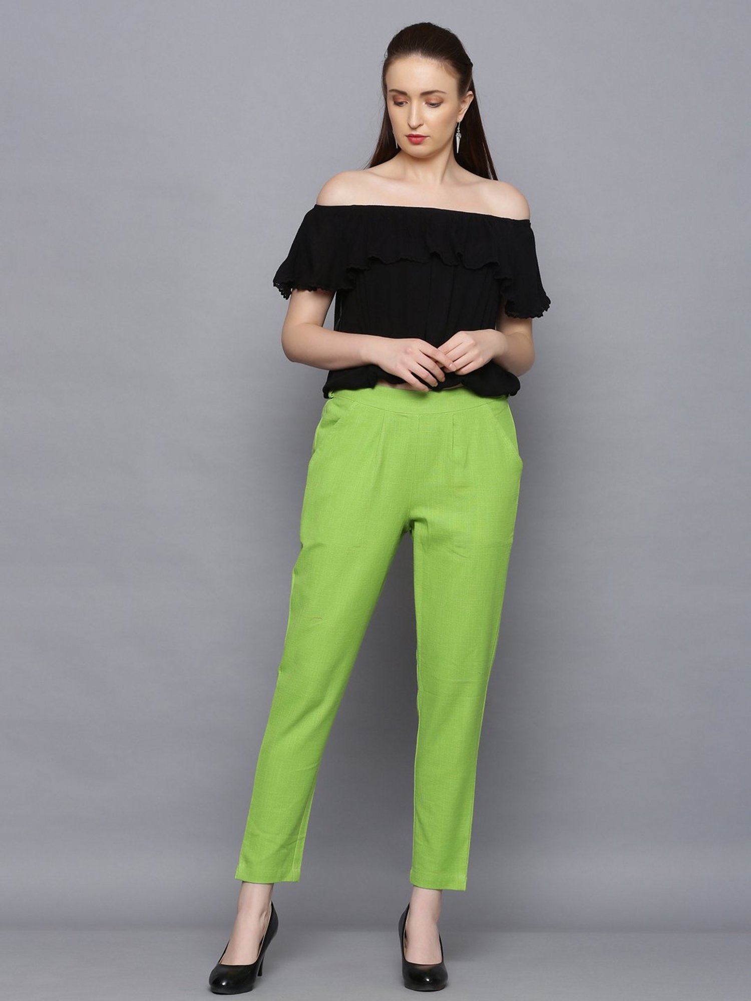 Green  Parrot Green Asymmetrical Silk Top and Green Raw Silk Pants   Chhaya Gandhi Design Studio
