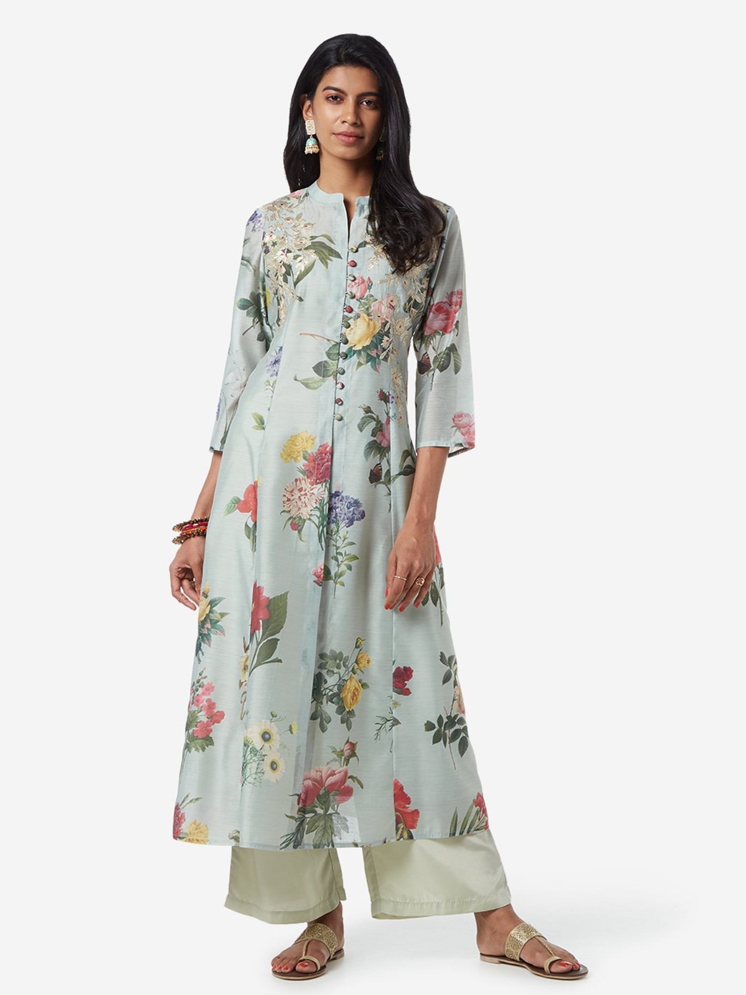 Buy Vark Green Floral Zari Embroidered Anarkali Kurta,, 51% OFF