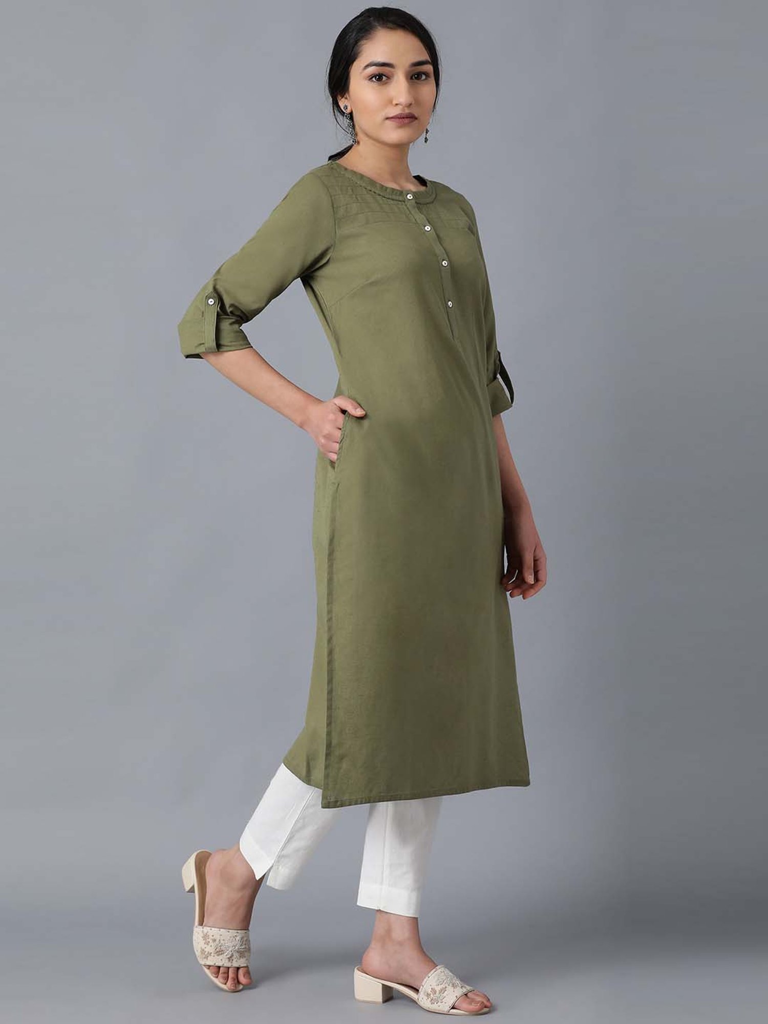 Olive Green Cotton Kurta with Palazzo- Set of 2 | Cotton kurti designs,  Dress indian style, Kurti designs party wear