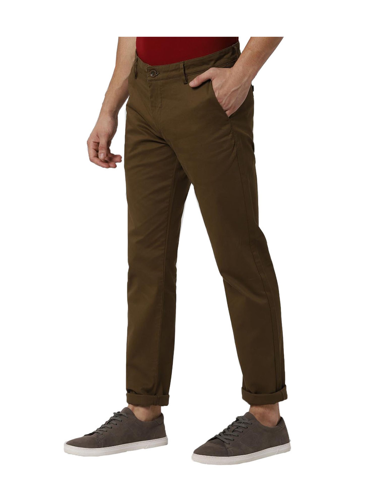 Buy Peter England Casuals Khaki Cotton Slim Fit Trousers for Mens Online   Tata CLiQ