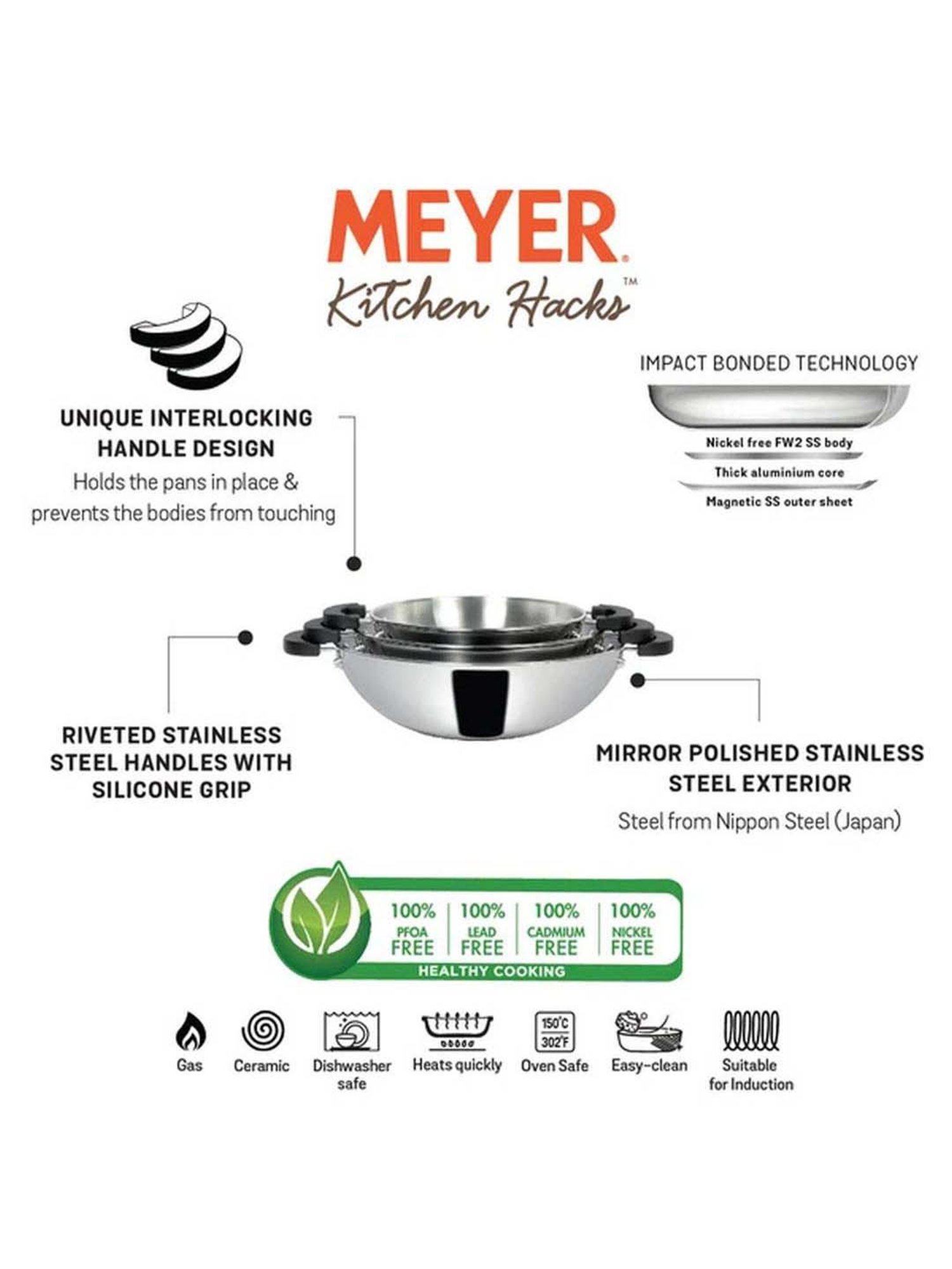 Meyer Kitchen Hacks 3 Piece Nickel Free Stainless Steel Kadai Set, Stainless  Steel Cookware Set, Steel Wok Set, Kadhai Set Combo Offer