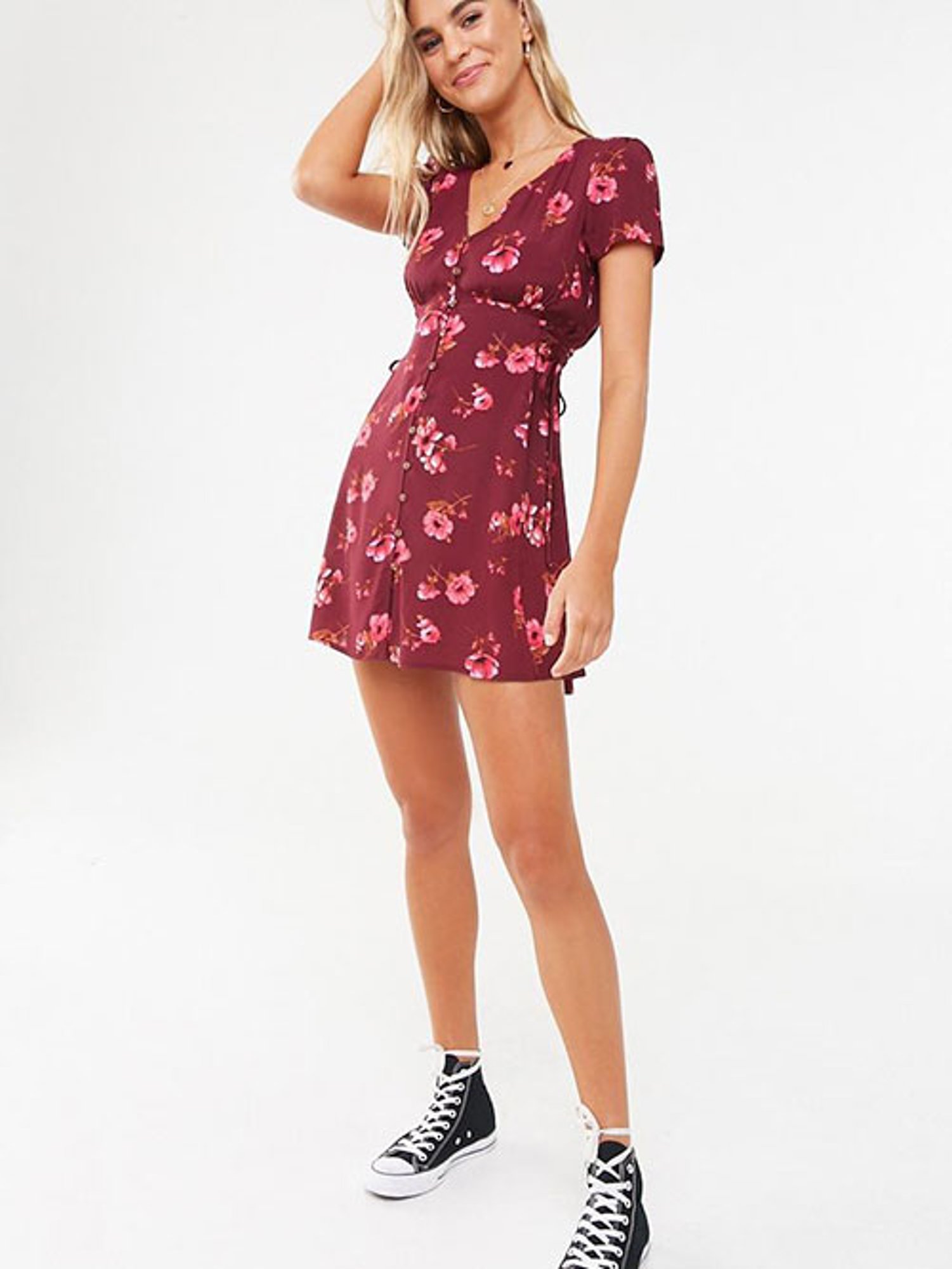 white and burgundy floral dress