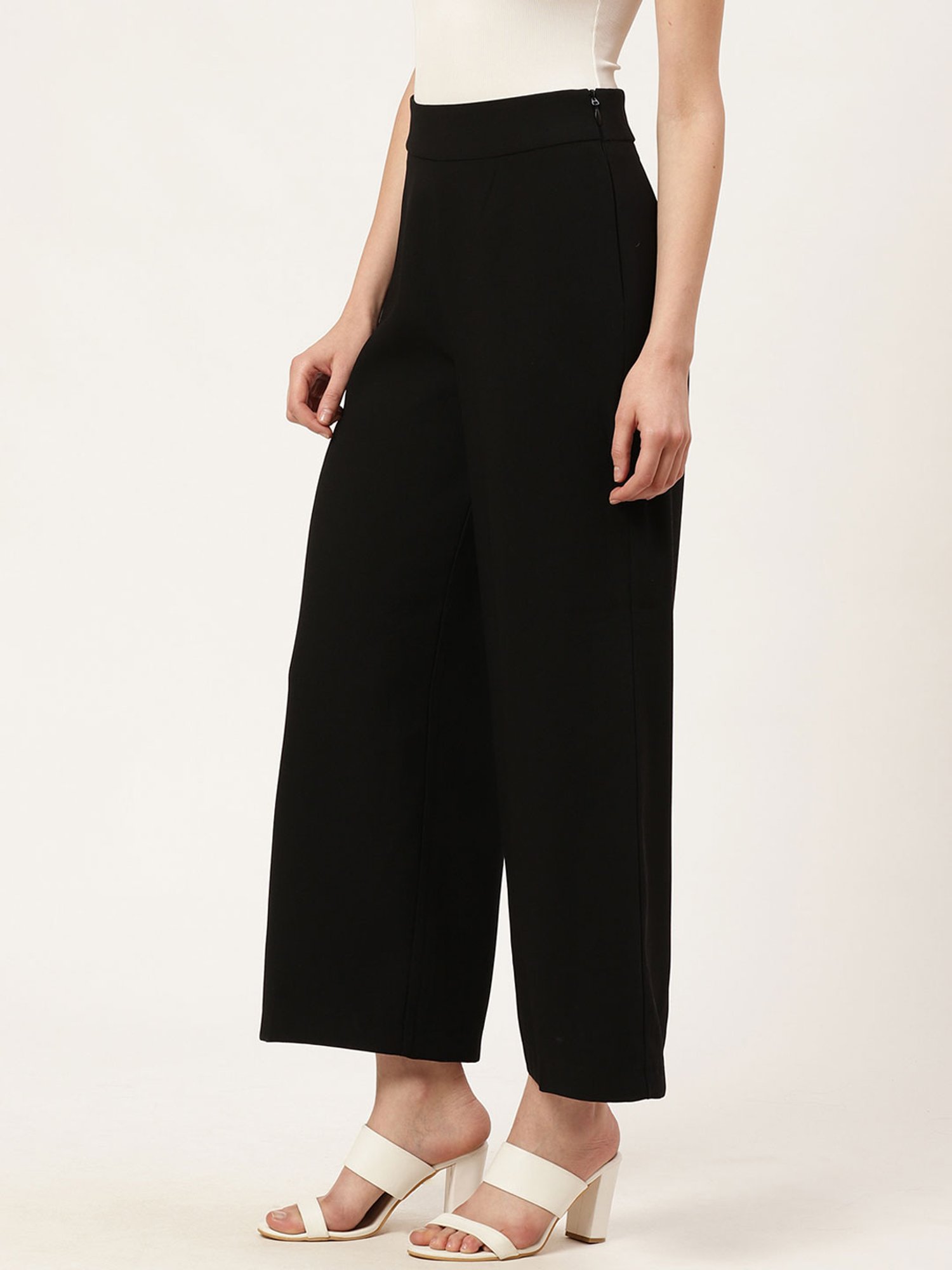 Buy Women Black Solid Regular Fit Parallel Trousers  Trousers for Women   Sassafrasin