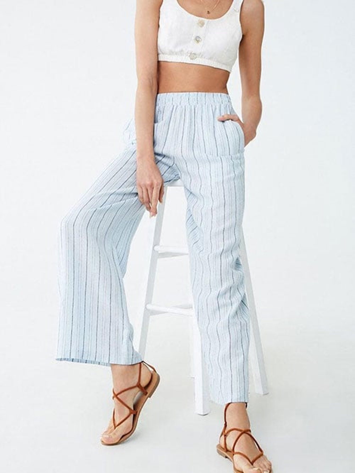 Buy Style Quotient Blue  White Striped Trousers for Women Online  Tata  CLiQ