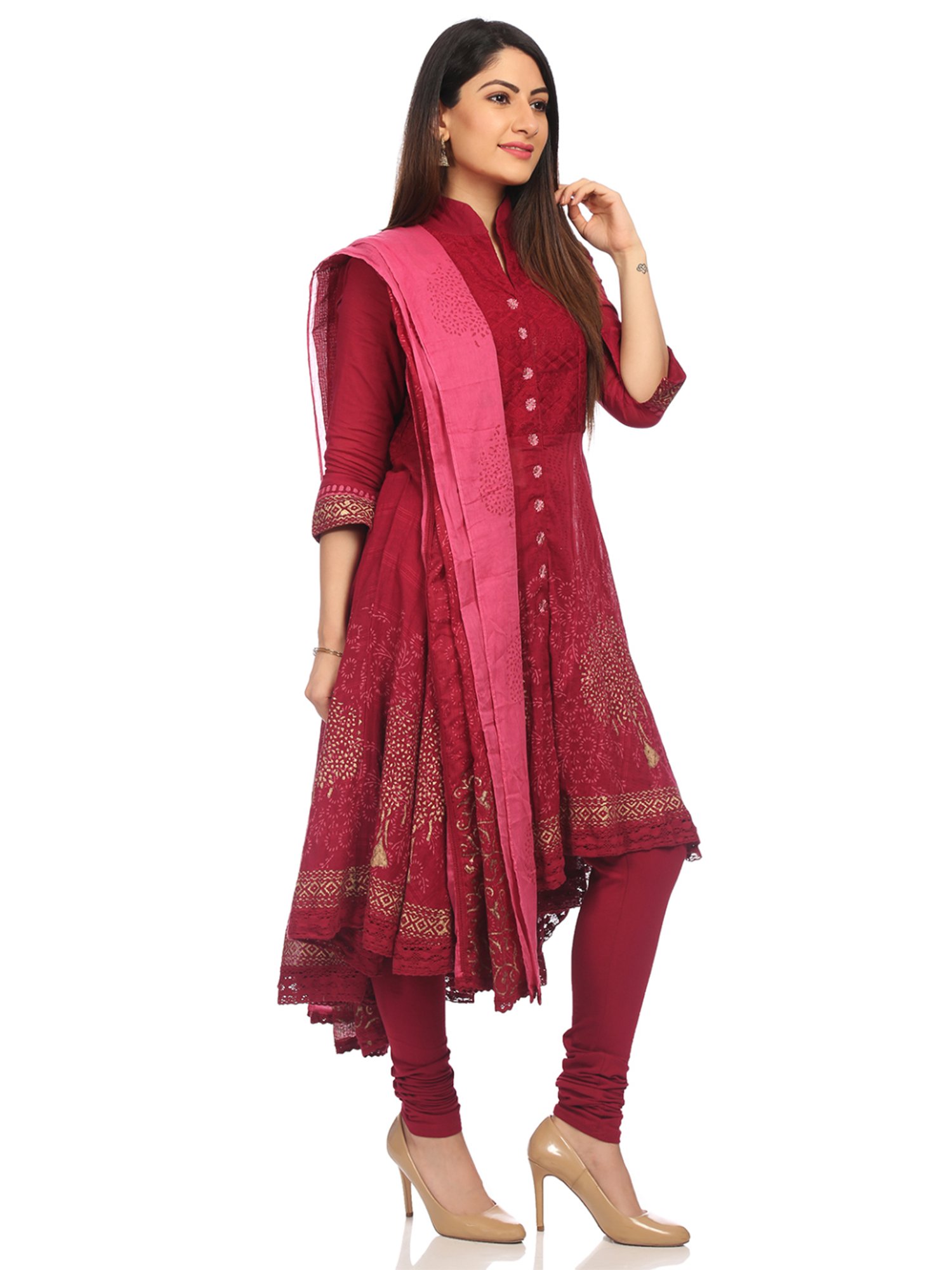 Biba Wine Cotton Printed Kurta Pant Set 