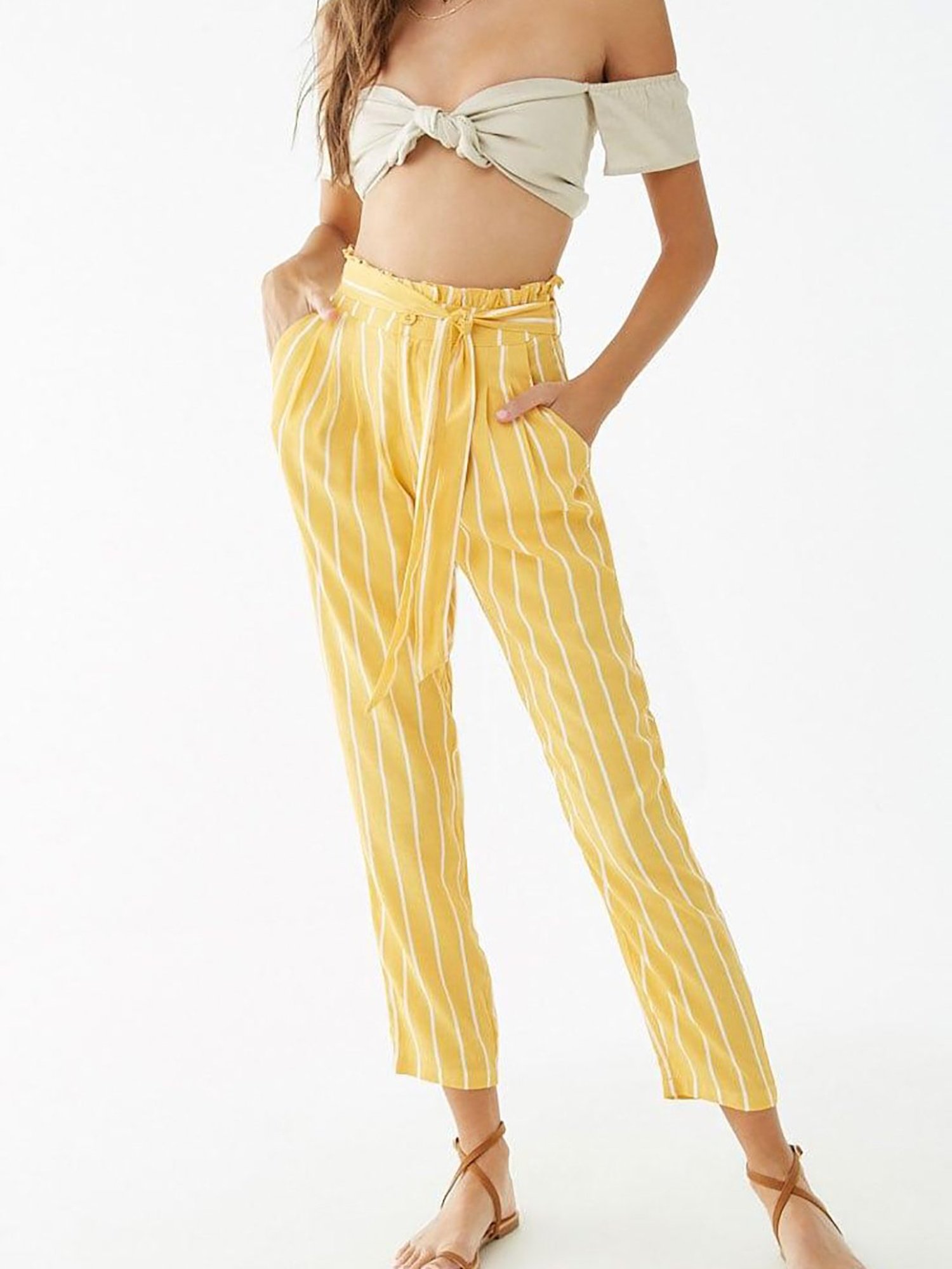 white and yellow striped pants