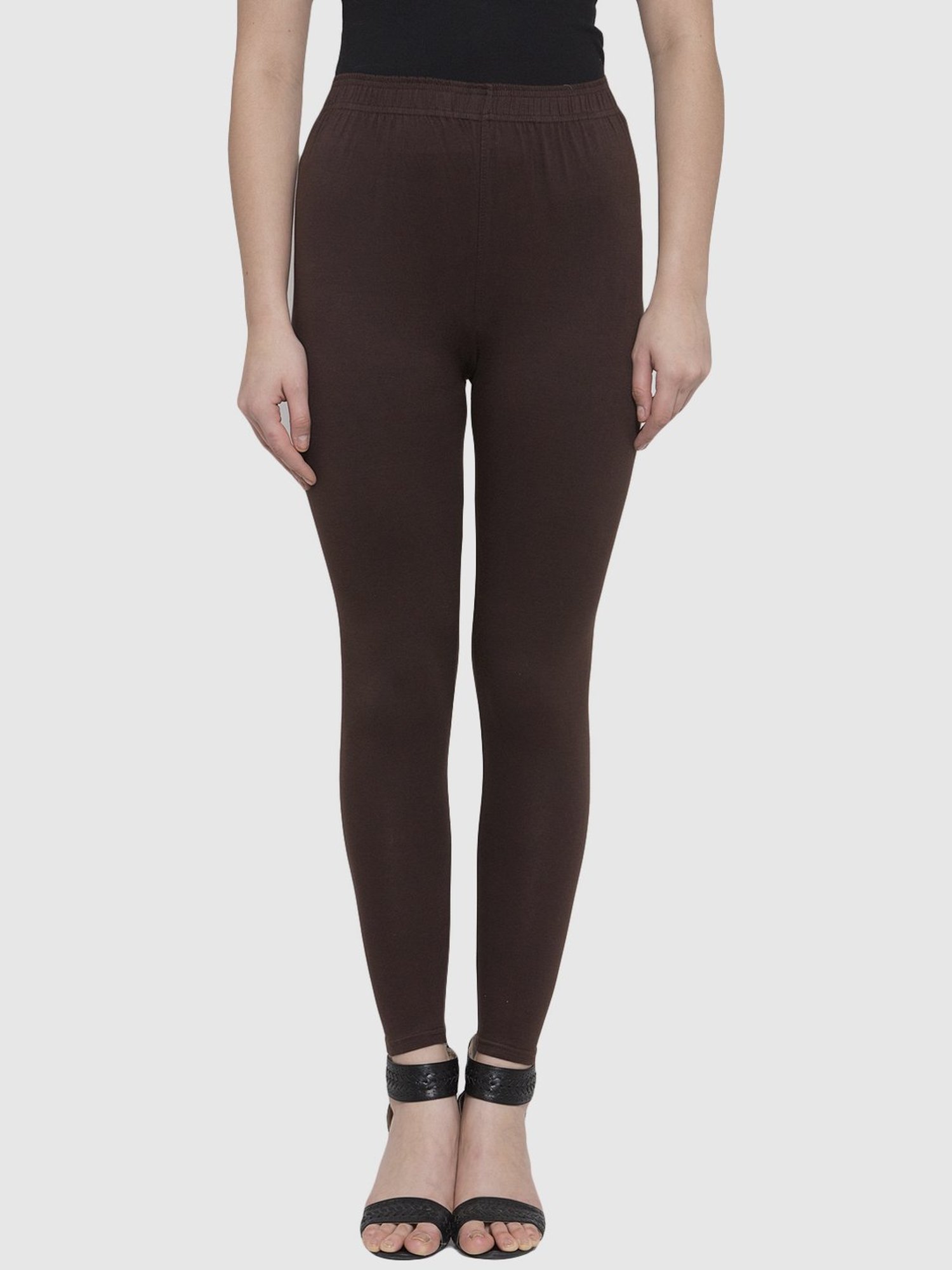 Brown Ribbed Waistband Cotton Leggings