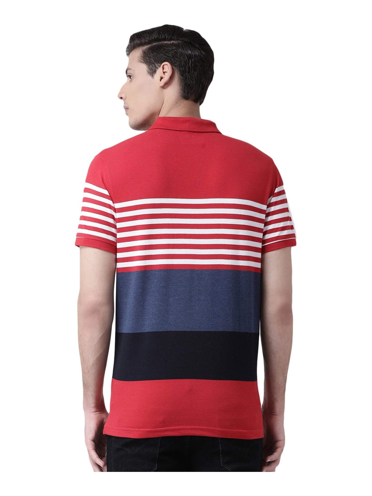 red blue striped polo