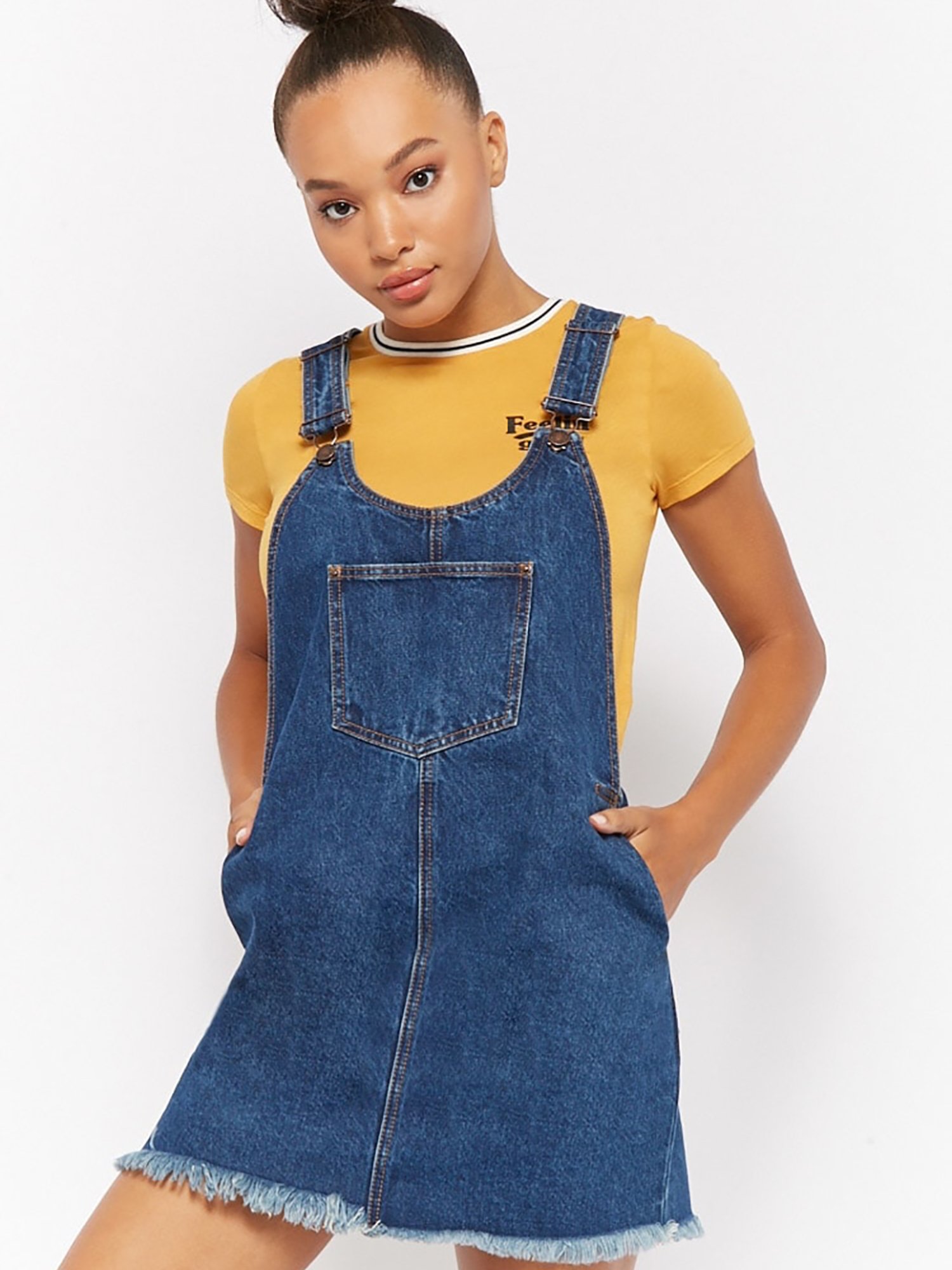 forever 21 denim overall dress Forever 21 Large Overall Dress Denim Zip Side Boho Y2K Blue Jean Schoolgirl