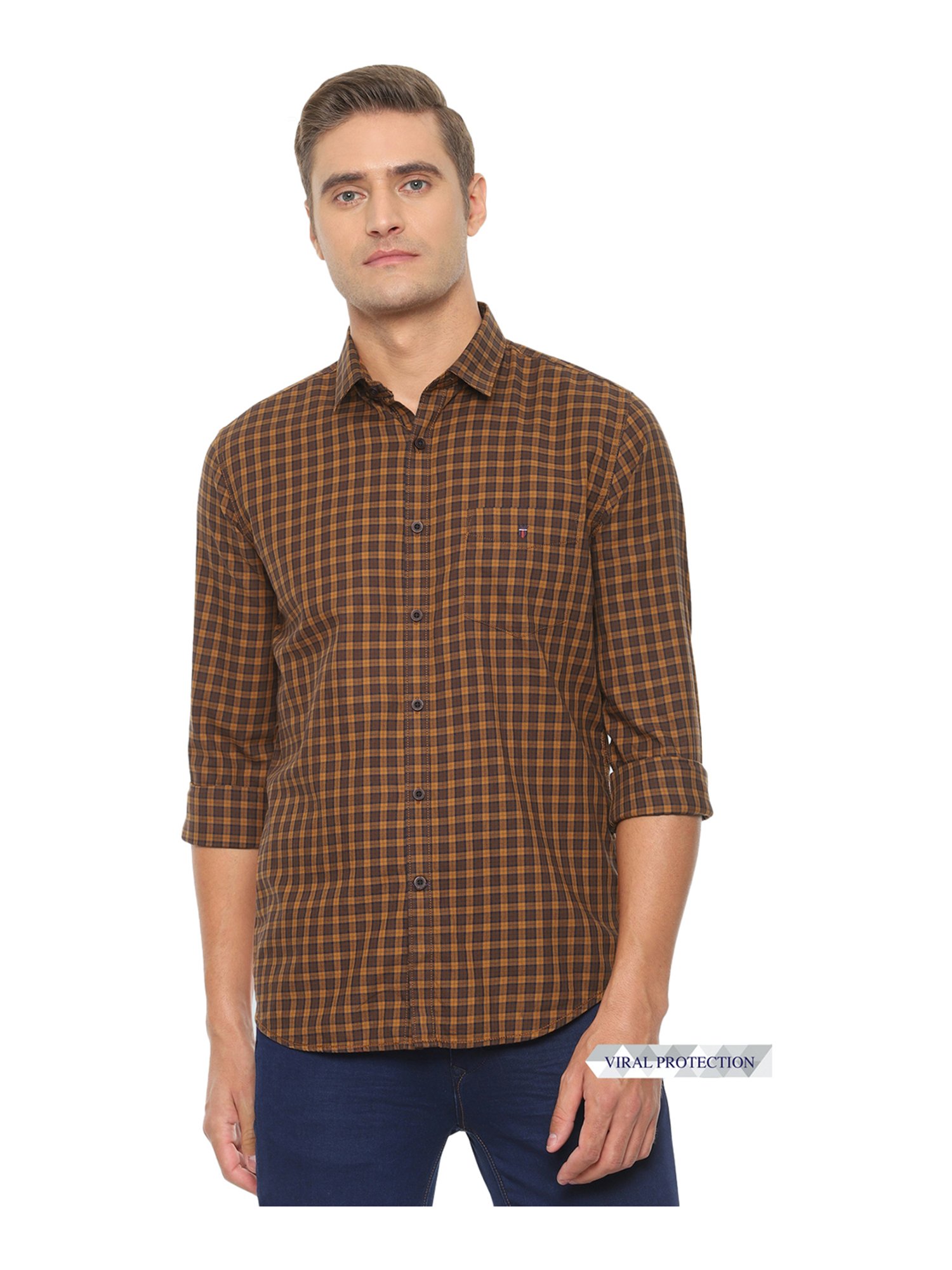 Louis Philippe Sport Men Brown Slim Fit Checked Formal Shirt