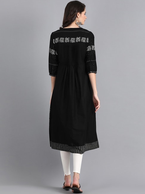 Women's Cotton Soild A-Line Kurti (Black, Size: L)-PID43462