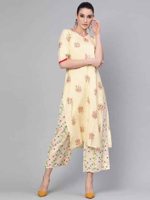 Gerua Yellow Floral Print Kurta Palazzo Set