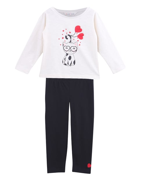 Beebay Kids Off White & Navy Printed T-Shirt With Leggings