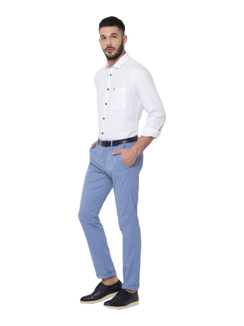Buy Allen Solly Sky Blue Slim Fit Self Pattern Pleated Trousers for ...