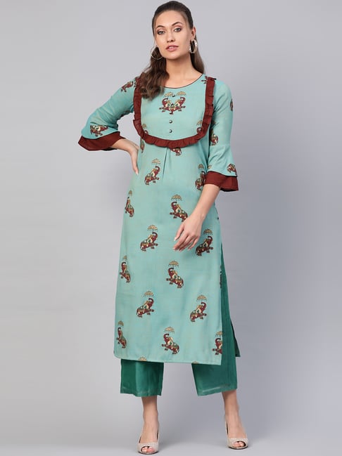 La Firangi Cyan Blue Cotton Printed Straight Kurta