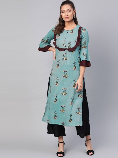 La Firangi Cyan Blue Cotton Printed Straight Kurta