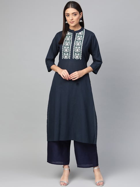 Bhama Couture Navy Cotton Embroidered Kurta Palazzo Set