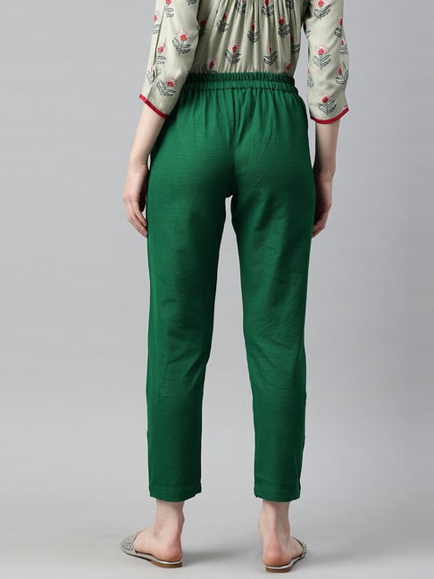 Plain Ladies Cotton Bottle Green Stretchable Pant, Waist Size