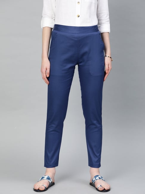 Buy Castle Royal Blue Solid Raw Silk Pencil Pant at Amazonin