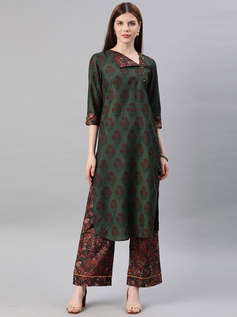 Jaipur Kurti Green & Maroon Floral Print Kurta Palazzo Set Price in India