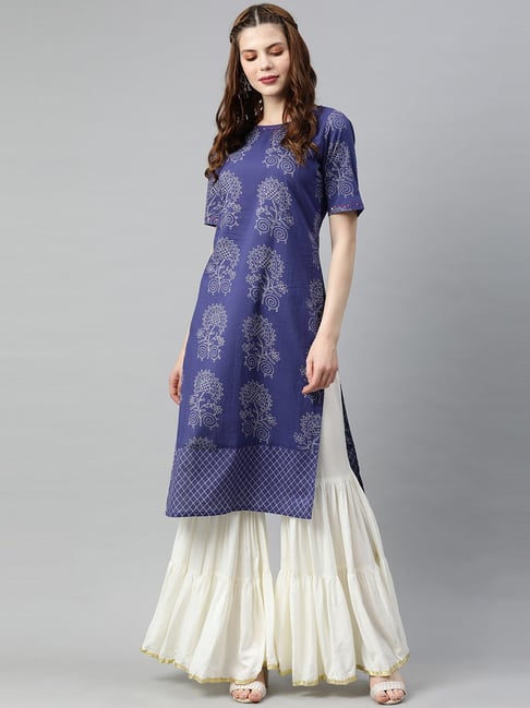 Jaipur Kurti Blue Cotton Printed Straight Kurta Price in India