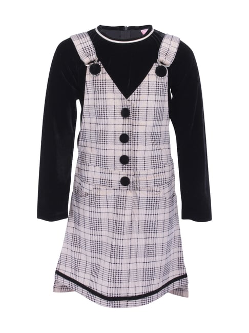 Cutecumber Kids Beige & Black Plaid Pattern Party Dress With Top