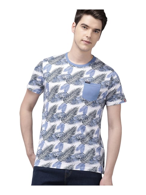 The Bear House Blue Cotton Slim Fit Printed T-Shirt