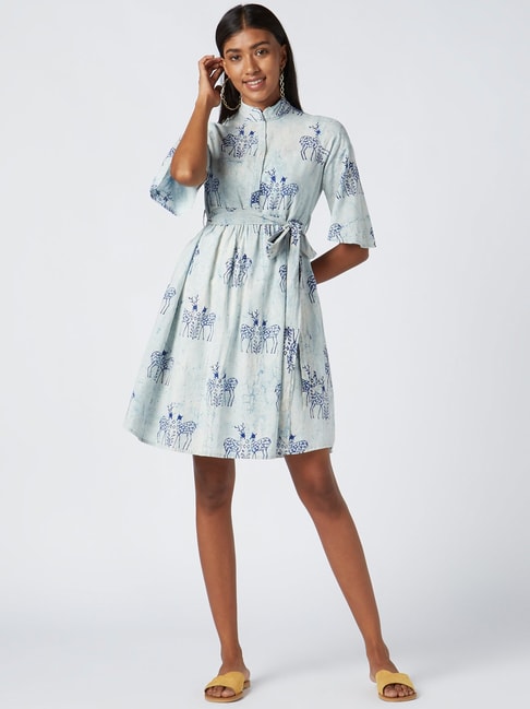 Okhai Moonlit Safari Sky Blue Pure Cotton Embellished A-Line Dress