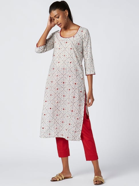 Okhai Ether White Pure Cotton Embellished Straight Kurta