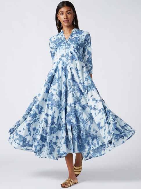 Okhai Naiad White & Sky Blue Pure Cotton Embellished A-Line Dress Price in India