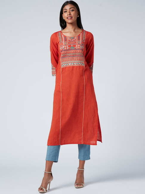 Buy Okhai Rabari Orange Pure Cotton Hand Embroidered Straight Kurta for  Women Online  Tata CLiQ