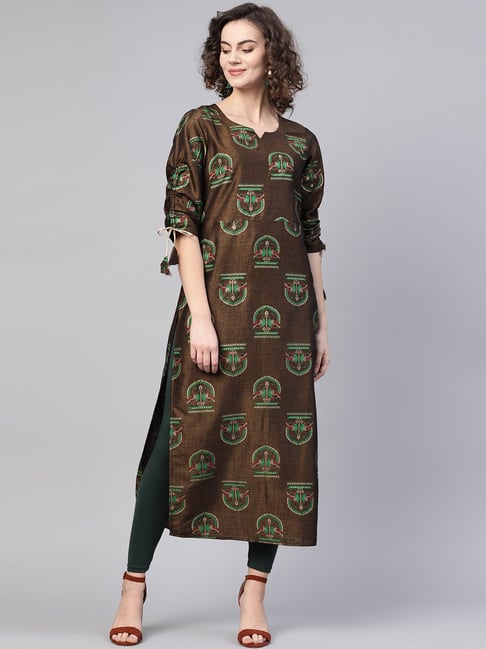 La Firangi Brown Printed Straight Kurta