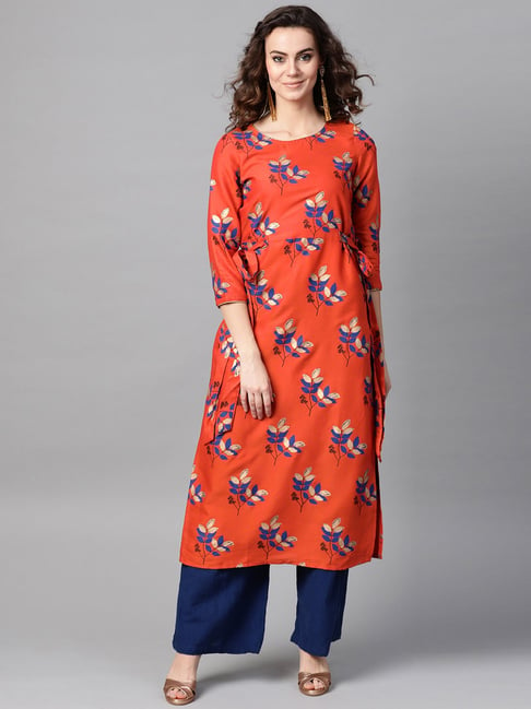 La Firangi Orange Printed Straight Kurta