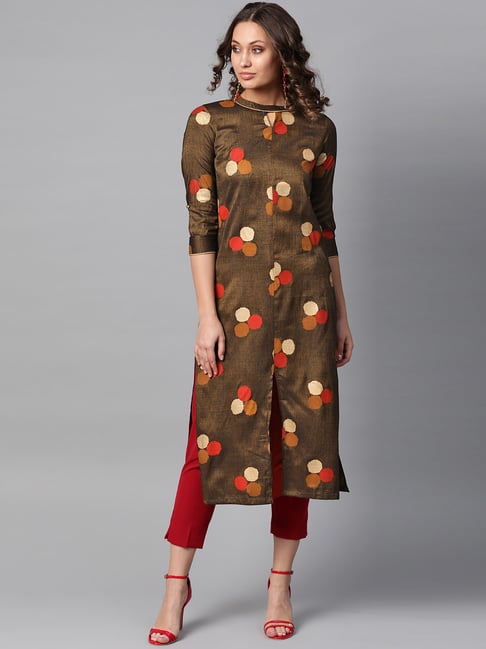 La Firangi Brown Cotton Printed Straight Kurta