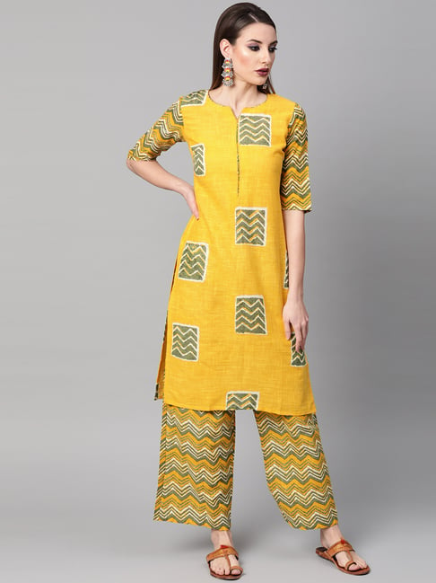 Gerua Yellow Linen Printed Kurta Palazzo Set