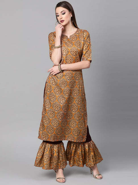 Gerua Mustard & Brown Printed Kurta Palazzo Set