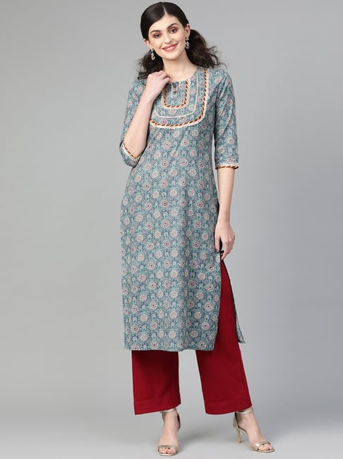 Varanga Sea Green Cotton Printed Straight Kurta-picture-15