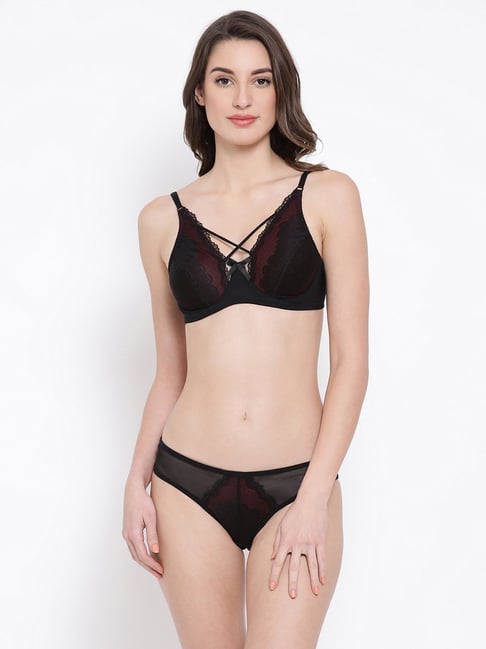 Buy Clovia Lace Non Padded Underwired Bra & Hipster Panty