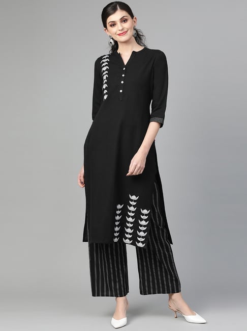 Varanga Black Cotton Printed Kurta Palazzo Set