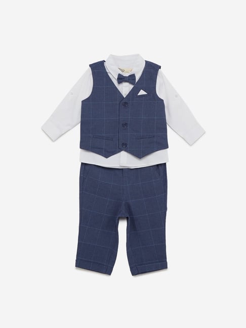Marc Darcy | Marc Darcy Eton Men's Blue Slim Fit Tweed Check Suit Waistcoat  - MENSWEARR