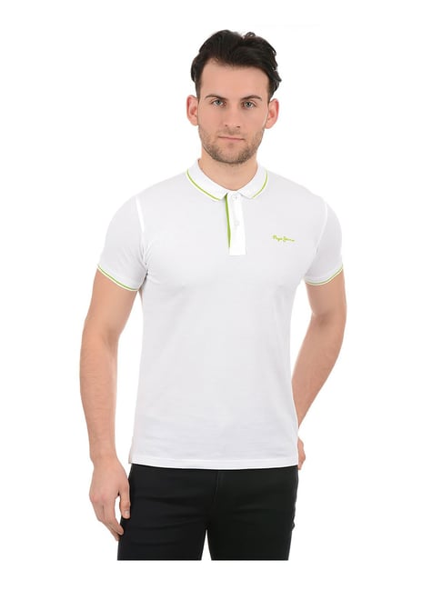 Pepe Jeans White Cotton Solid Polo T-Shirt