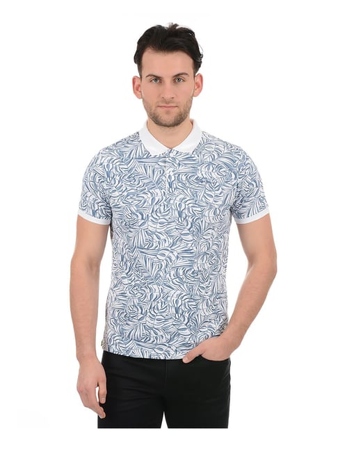 Pepe Jeans White & Blue Cotton Printed Polo T-Shirt