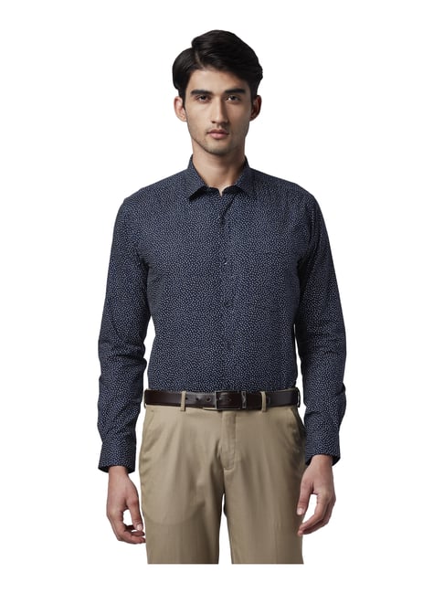 Park Avenue Navy Cotton Slim Fit Printed Shirt