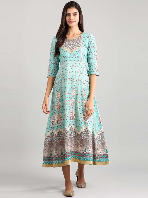 Aurelia Sea Green Printed A-Line Dress Price in India