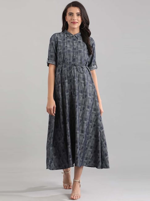 Aurelia Navy Cotton Printed A-Line Dress Price in India